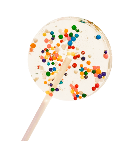 Set of 8 2" Lollipops filled with dye-free confetti sprinkles.