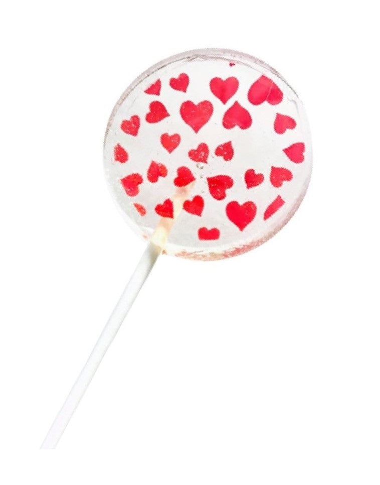 2" round lollipops decorated with edible red heart design. Set of 8.