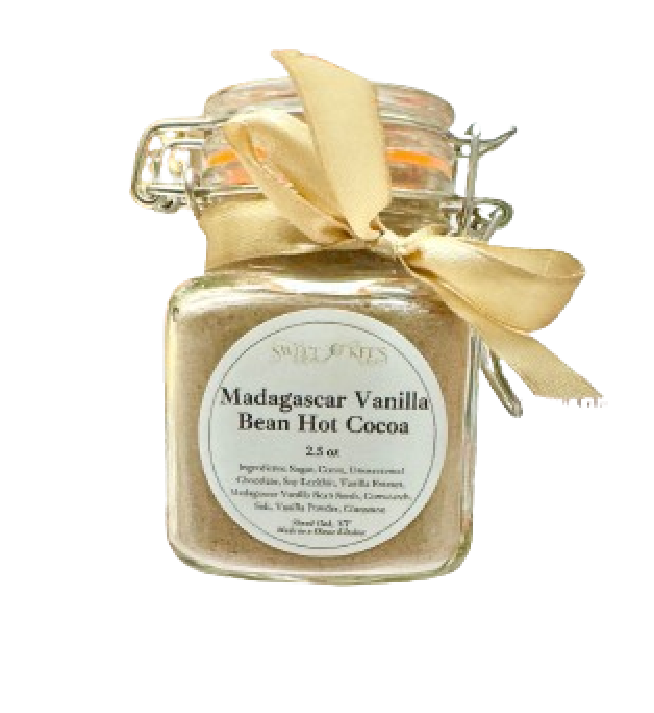 Mini glass jar filled with premium Madagascar Vanilla Bean hot cocoa mix