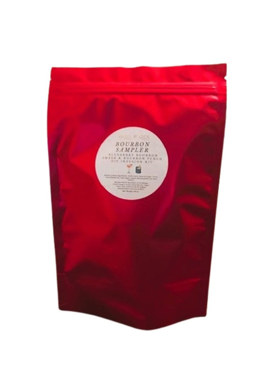 Bourbon Cocktail infusion sampler bag containing 1 infusion each of Bourbon Punch and Blueberry Bourbon Smash.