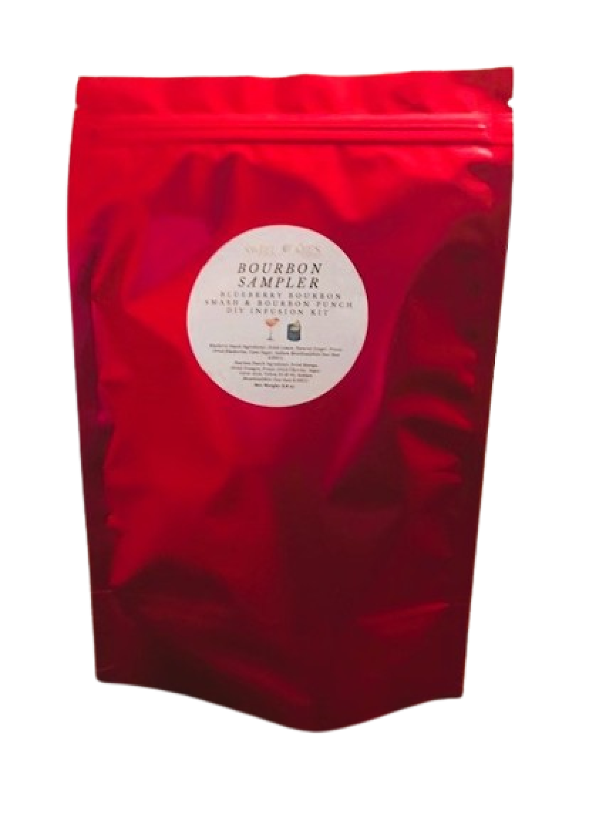 Bourbon Cocktail infusion sampler bag containing 1 infusion each of Bourbon Punch and Blueberry Bourbon Smash.