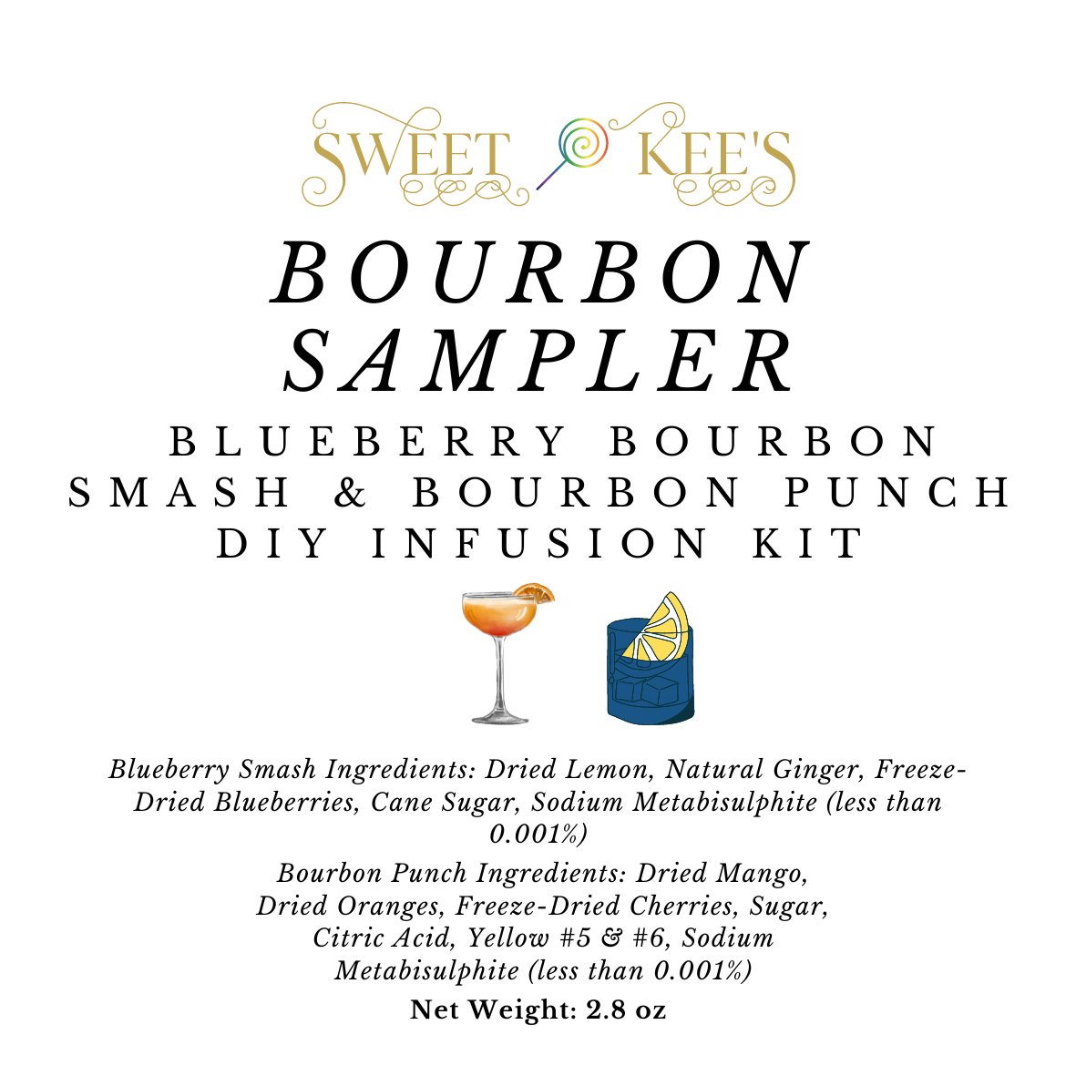 Bourbon Cocktail infusion sampler bag containing 1 infusion each of Bourbon Punch and Blueberry Bourbon Smash.