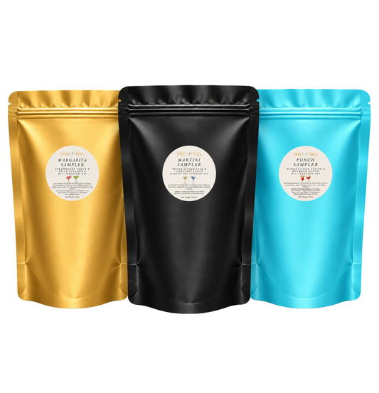 Tasting collection of 6 flavors of cocktail infusions including Margaritas, Martinis, Rum Punch and Bourbon Punch.