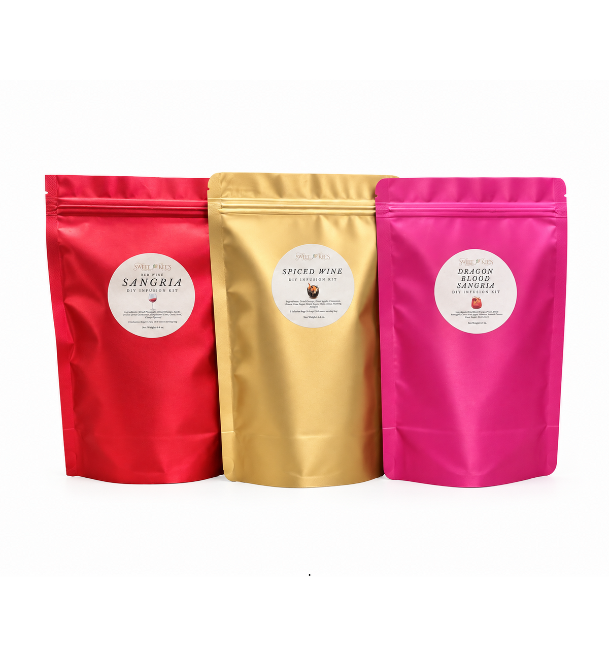 Set of 3 wine infusion bags including Red Wine Sangria, Spiced Wine, and Dragon Blood Sangria