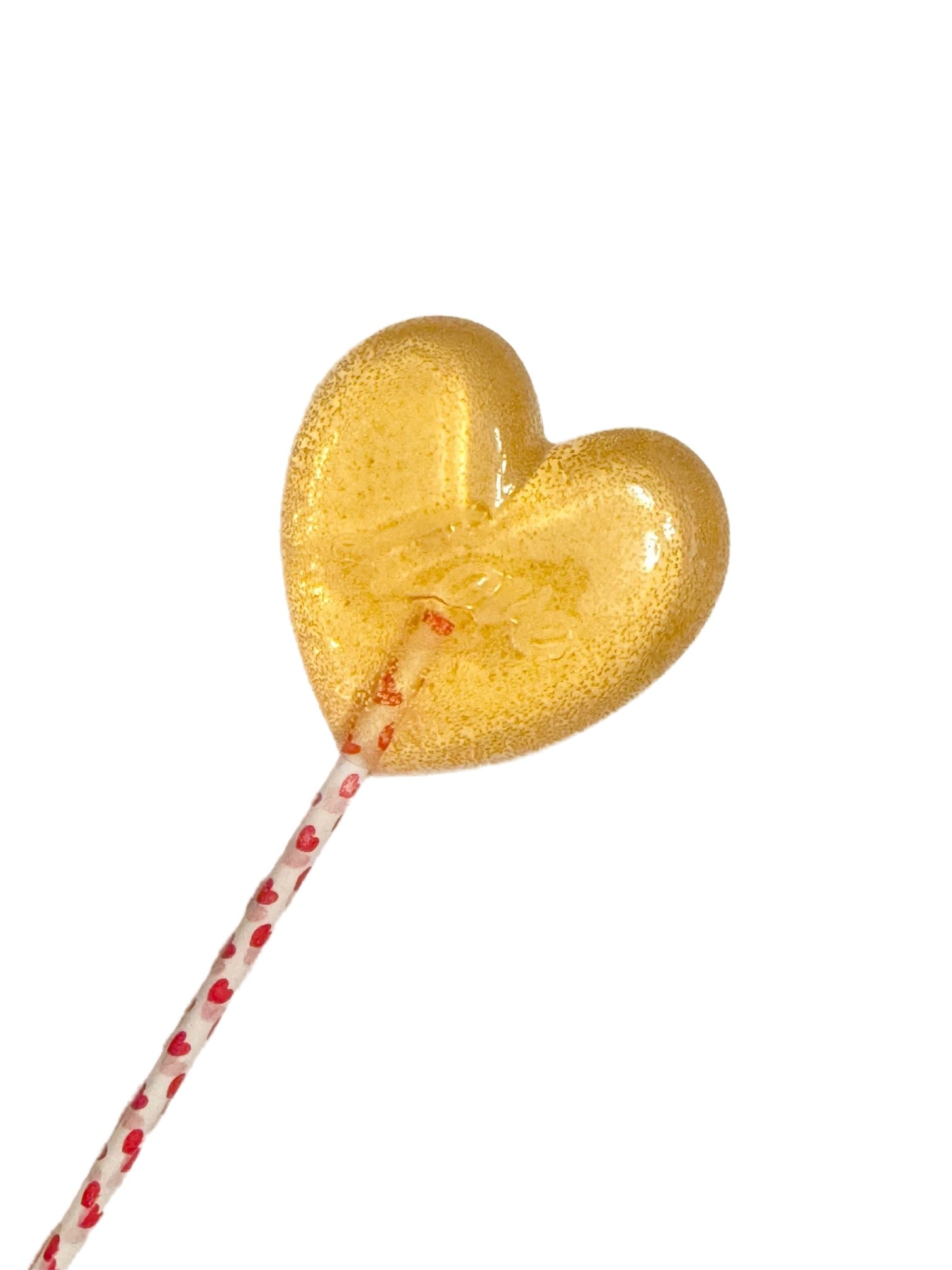 Heart-shaped lollipop with Love imprint in chocolate cherry (light caramel hue) flavor