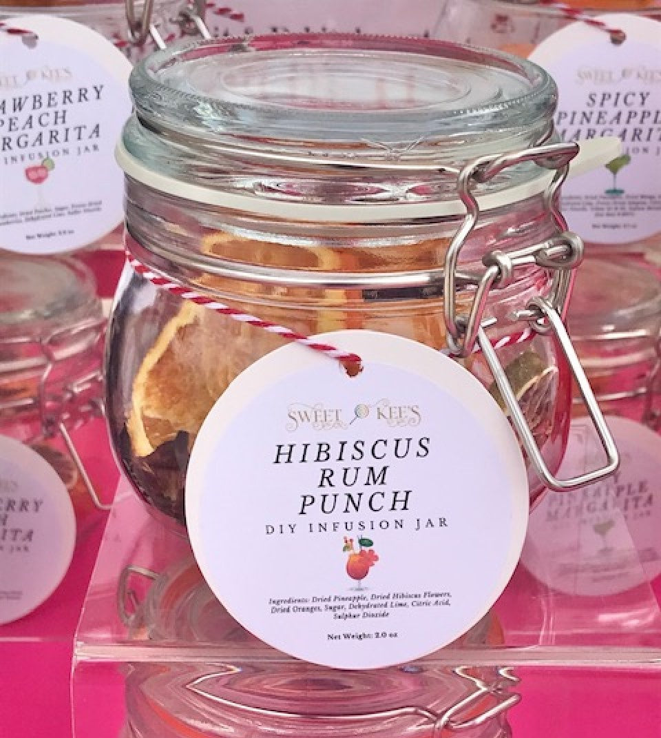 Hibiscus Rum Punch cocktail infusion jar.