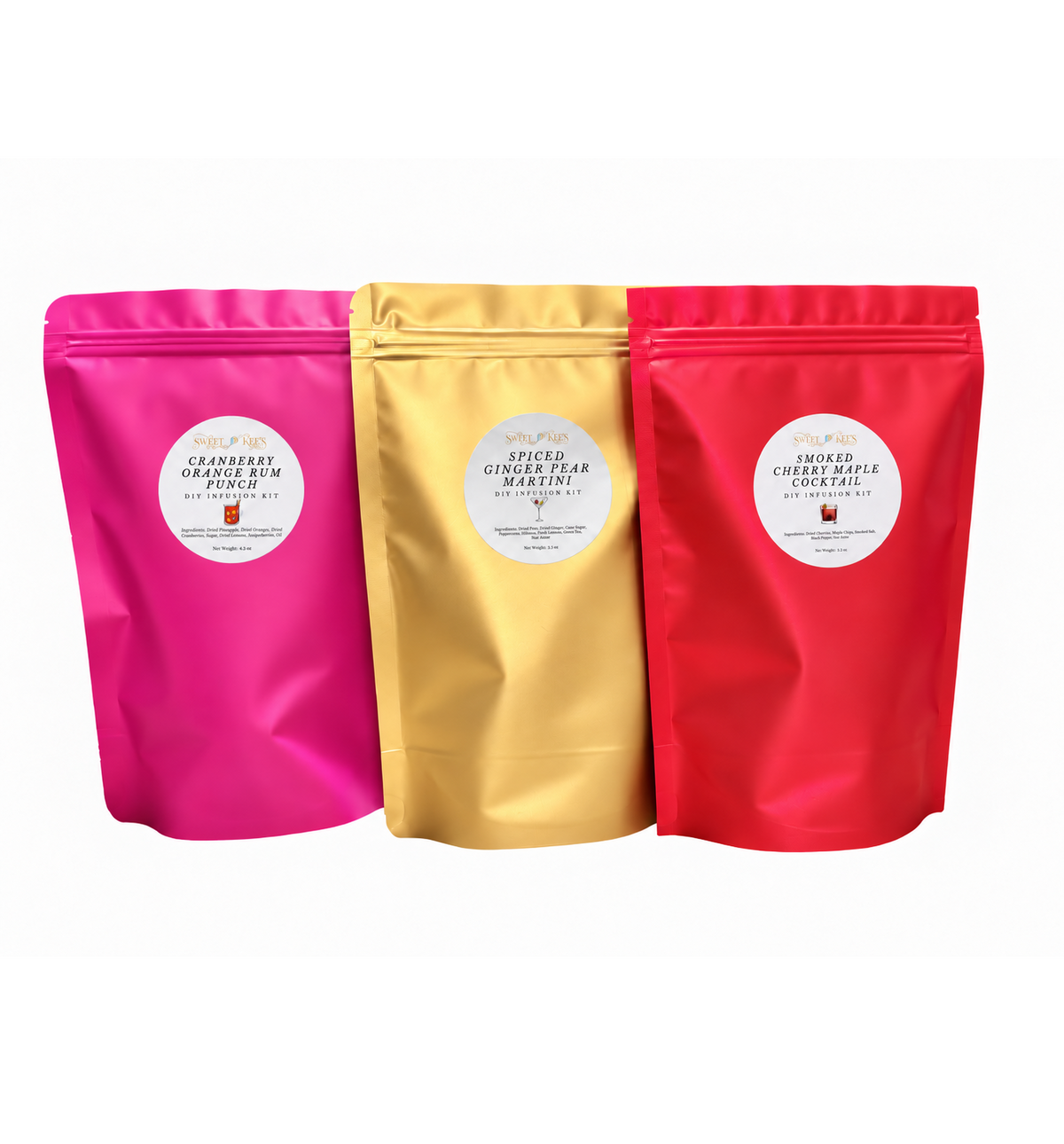 Set of 3 cocktail infusion bags perfect for the holiday season including Cranberry Orange Rum Punch, Spiced Ginger Pear Martini, and Smoked Cherry Maple Cocktail.