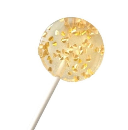 Set of 8 2" lollipops decorated with edible gold hearts in choice of flavors such as chocolate hazelnut, strawberry, peach mango, green apple, and more.