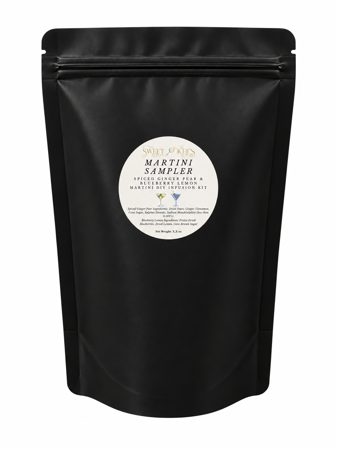 Sampler bag of 2 martini cocktail infusion flavors including Spiced Ginger Pear and Blueberry Lemon Martini