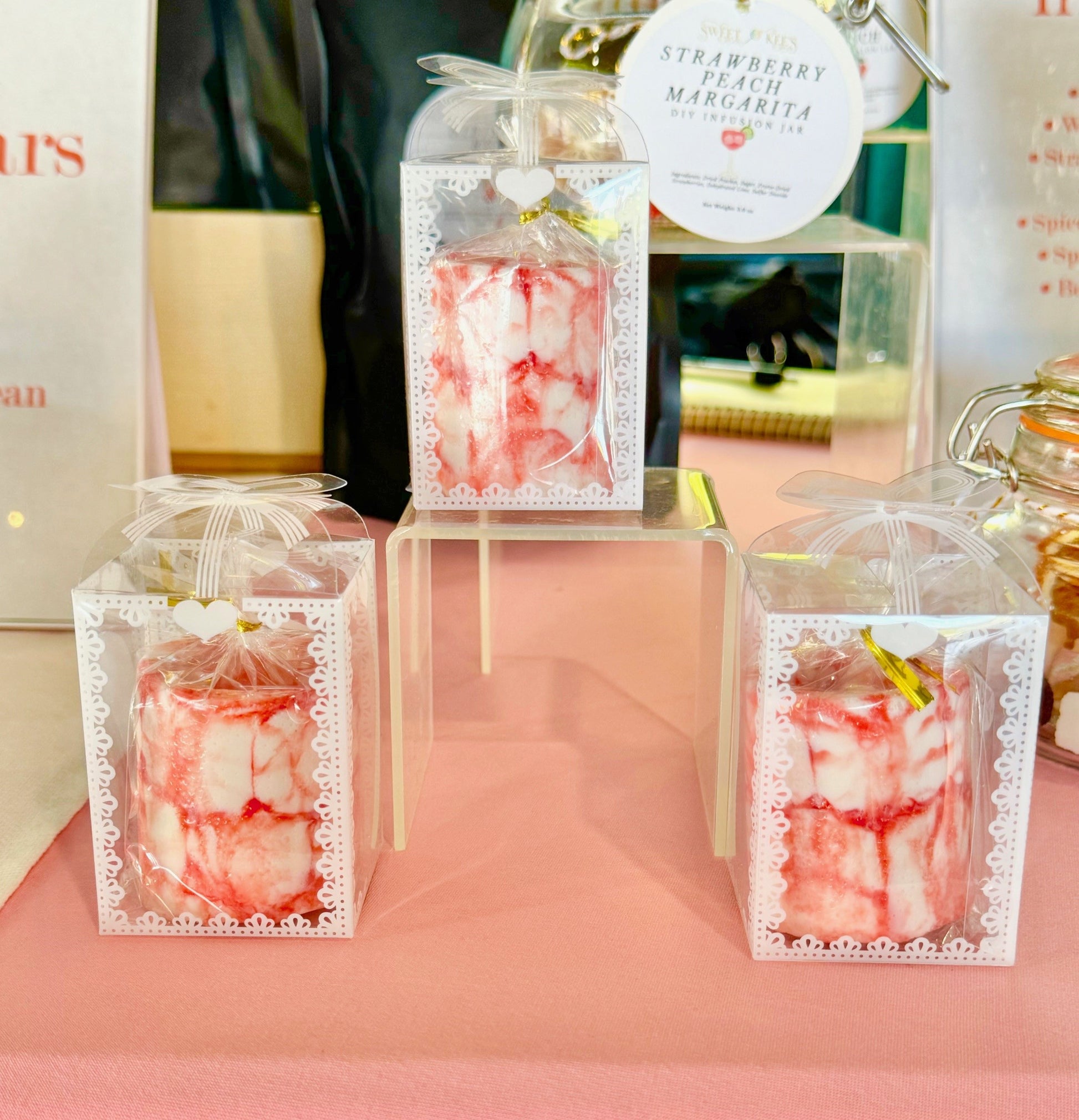 Handcrafted peppermint shot glasses on display