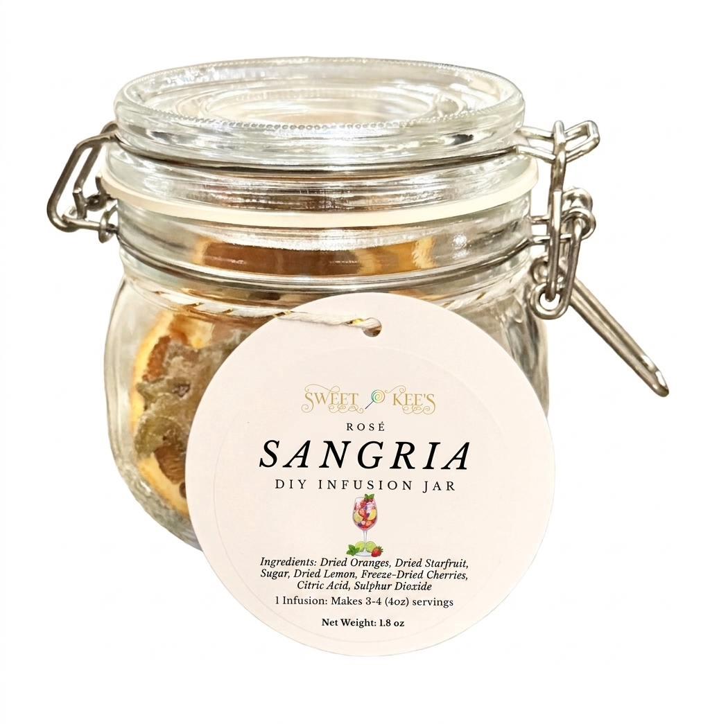 Glass jar with rosé wine sangria infusion ingredients.  Just add your choice of rosé wine.