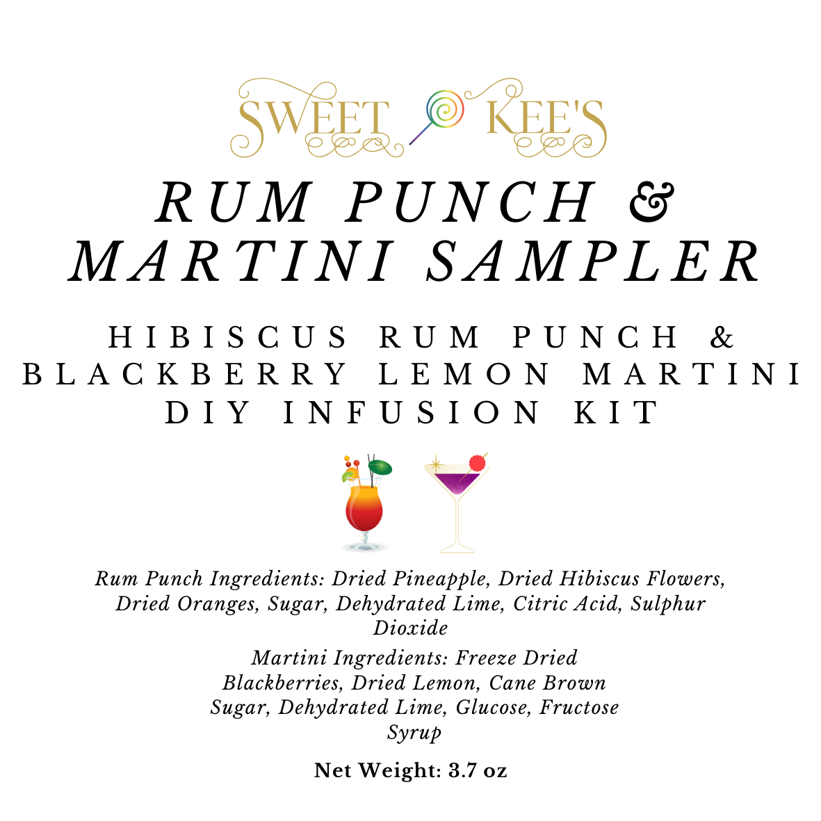 Cocktail infusion sampler bag containing 1 infusion each of Hibiscus Rum Punch and Blackberry Lemon Martini.